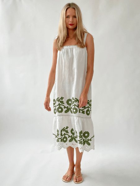 Rose and Rose Alba Appliqued Sleeveless Sun Dress In White And Olive