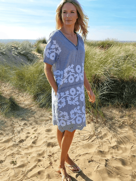 Rose and Rose Amalfi Appliqued Dress In Blue And White Stripes