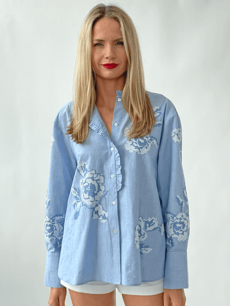 Rose and Rose Milano Blue Flower Embroidered Shirt