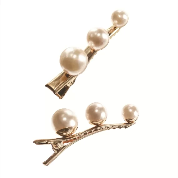 Hot Tomato Pair of Gold and Cream Crocodile Clips with Trio of Pearls