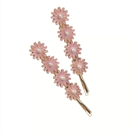 Hot Tomato Pair of Gold and Pink Daisy Quad Bobby Pins