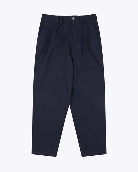 WEMOTO Fletcher Navy Blue Cotton Twill Pleated Trousers