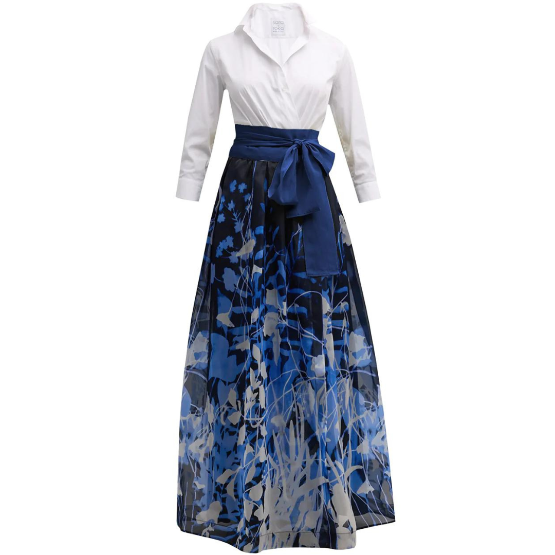 Sara Roka Jinny Long Dress/white Shirt With Navy Print Skirt