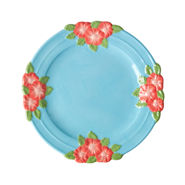 rice Ceramic Plate With Embossed Flower Design - Mint