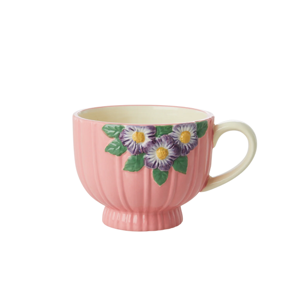 rice Ceramic Mug With Embossed Flower Design - Pink