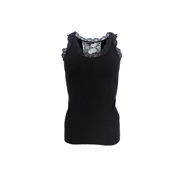 Black Colour Ivy Rib Lace Vest - Black