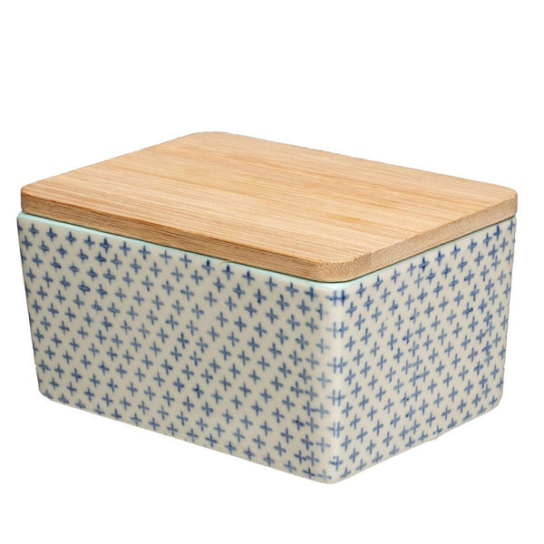 livs Butter Dish - Blue & White With Bamboo Lid