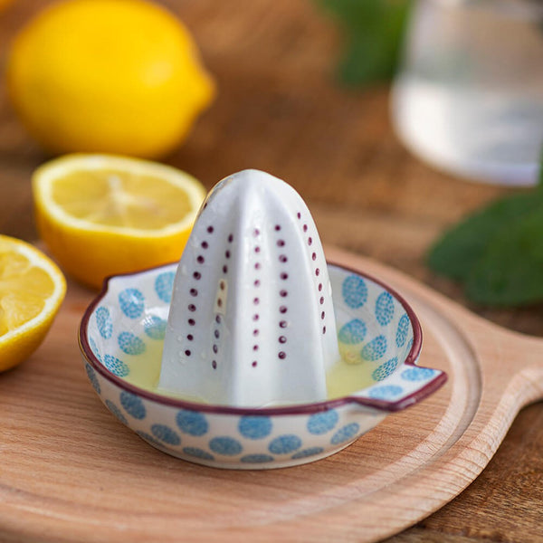 livs Ceramic Lemon Juicer - Hand Stamped, Blue Pattern