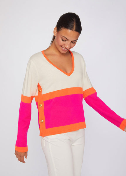 Vilagallo Colour Block Sweater - Ecru, Pink & Orange
