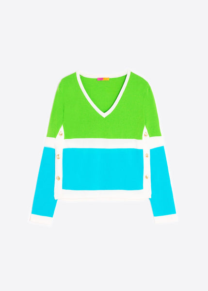 Vilagallo Colour Block Sweater - Green, Blue & Ecru