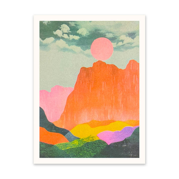 Ohh Deer Neon Mountains & Sun Risograph Art Print