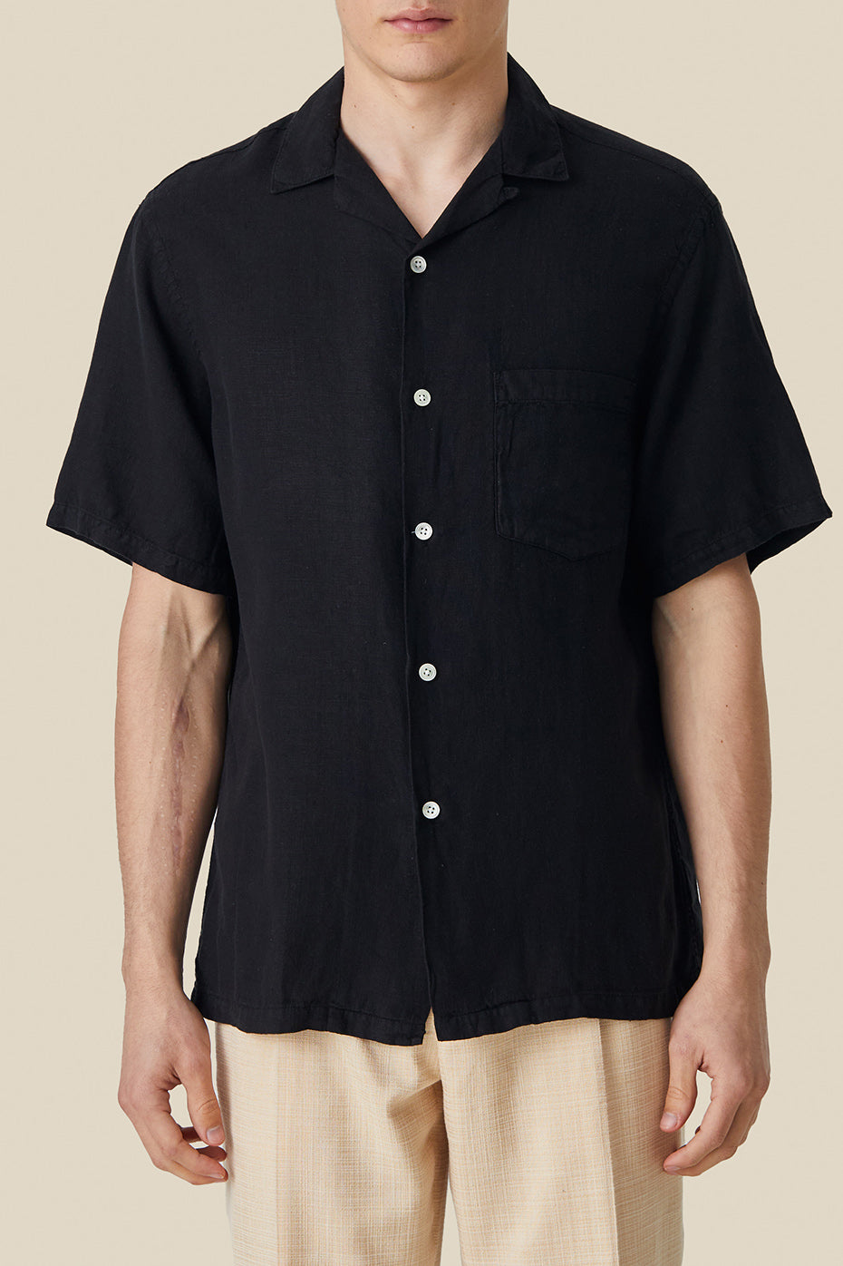  Portuguese Flannel Black Linen Camp Collar Shirt