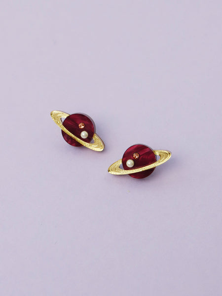 Wolf & Moon Saturn Stud Earrings In Cherry
