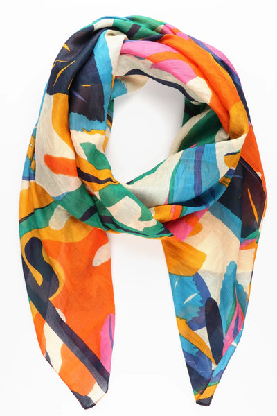 Miss Shorthair Ltd Miss Shorthair 3155cr Bold Cotton Tropical Leaf Print Scarf With Striped Edge In Cream