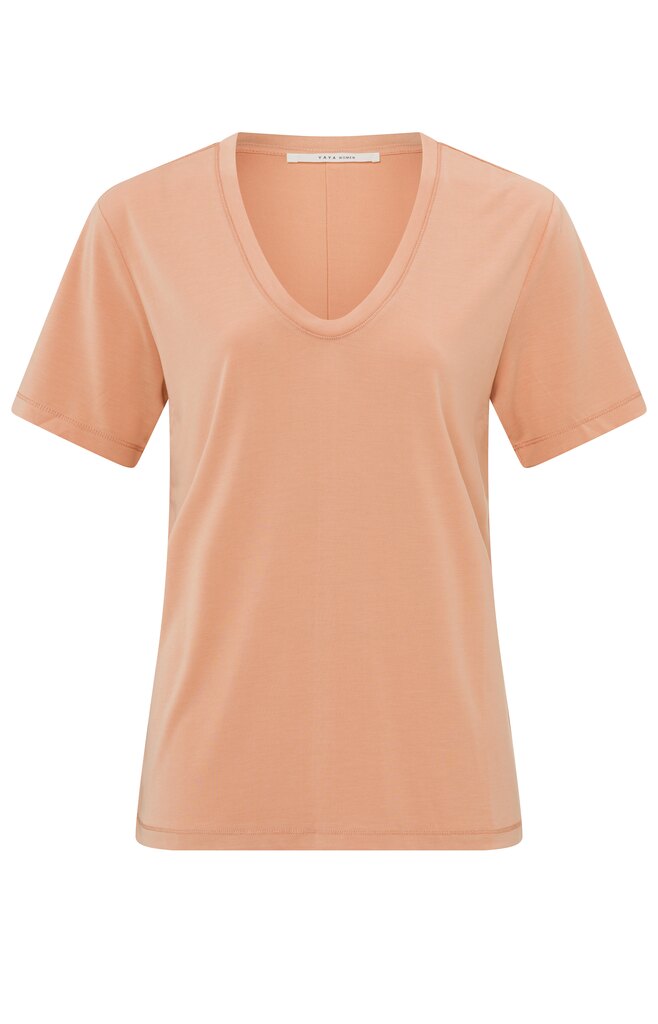Yaya T-shirt With Rounded V-neck And Short Sleeves | Dusty Coral Orange