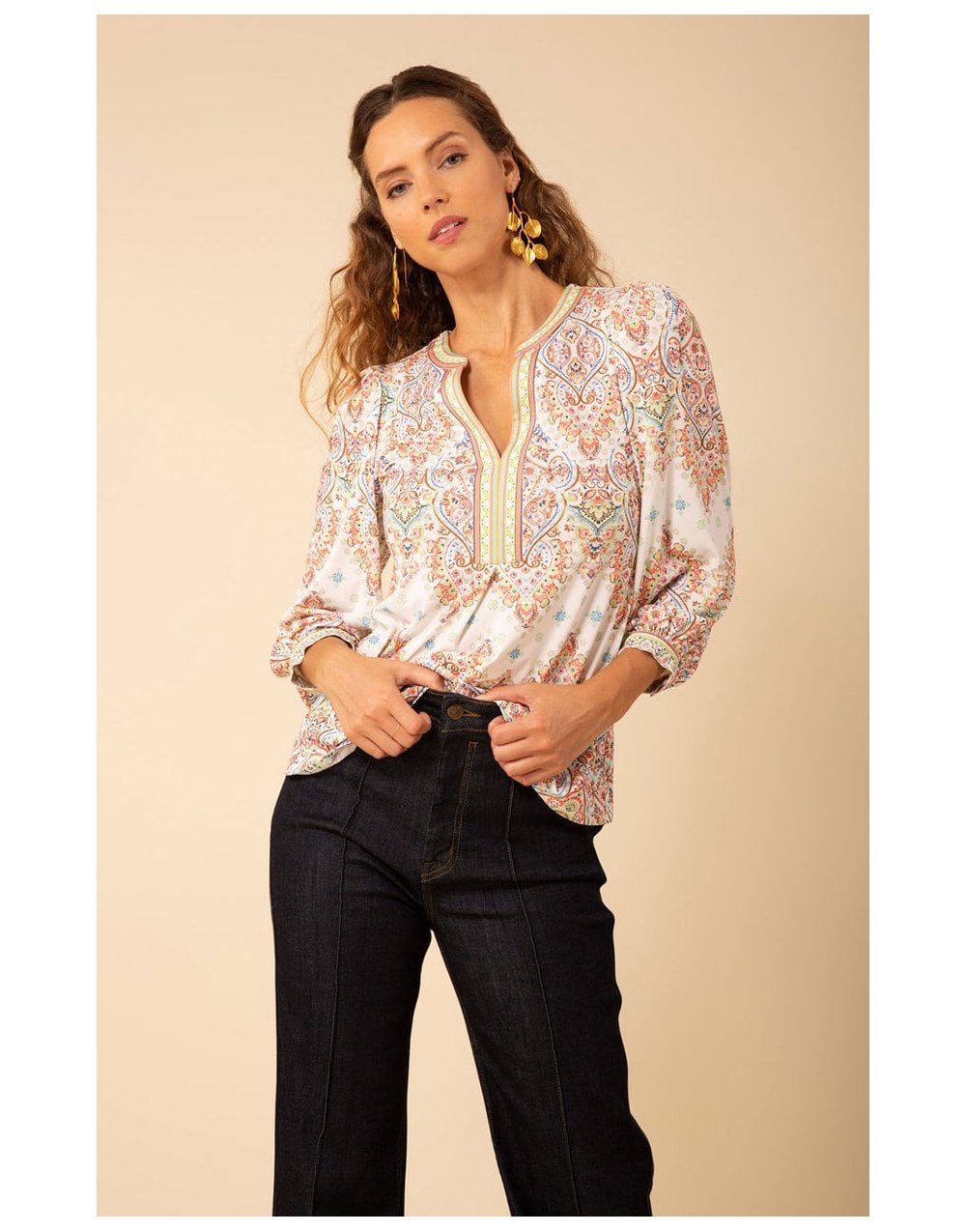 HALEBOB Halebob Paisley Print V Neck Long Sleeve Blouse Col: Pink Multi, Size: