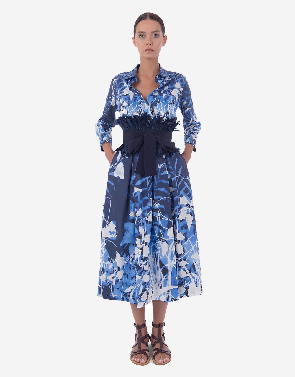 Sara Roka Sara Roka Elenat Abstract Floral Midi Dress With Belt Col: 190 Blue/wh