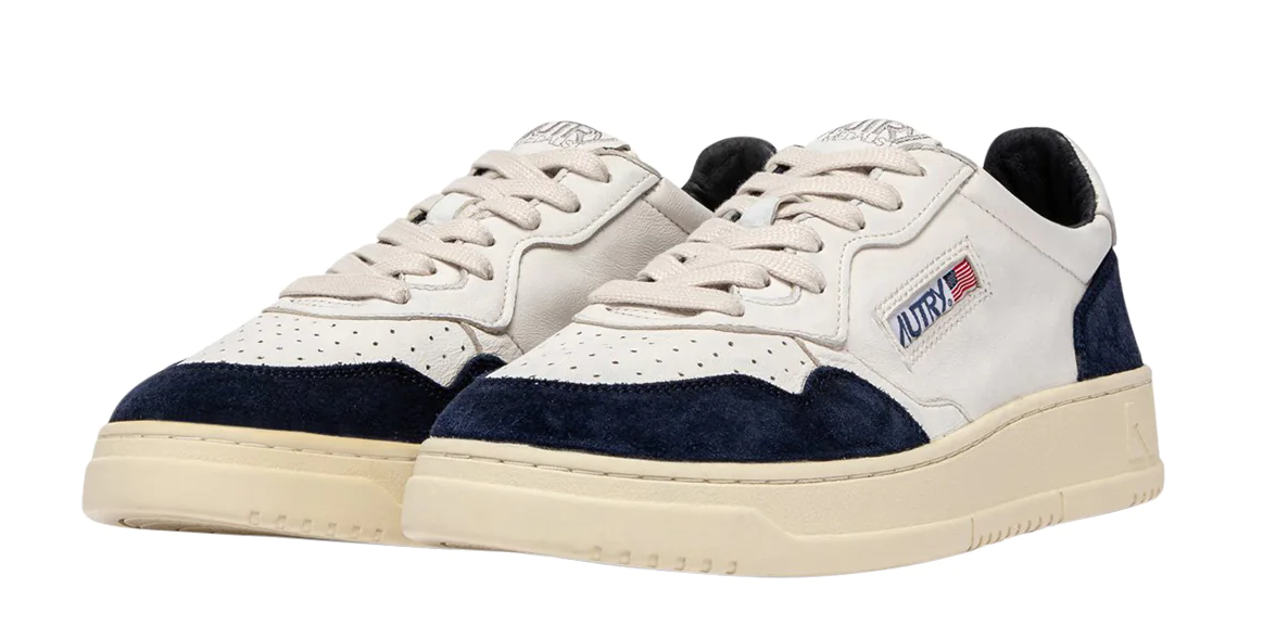 Autry Autry Medalist Low Leather Sneaker White, Goatskin & Blue Suede