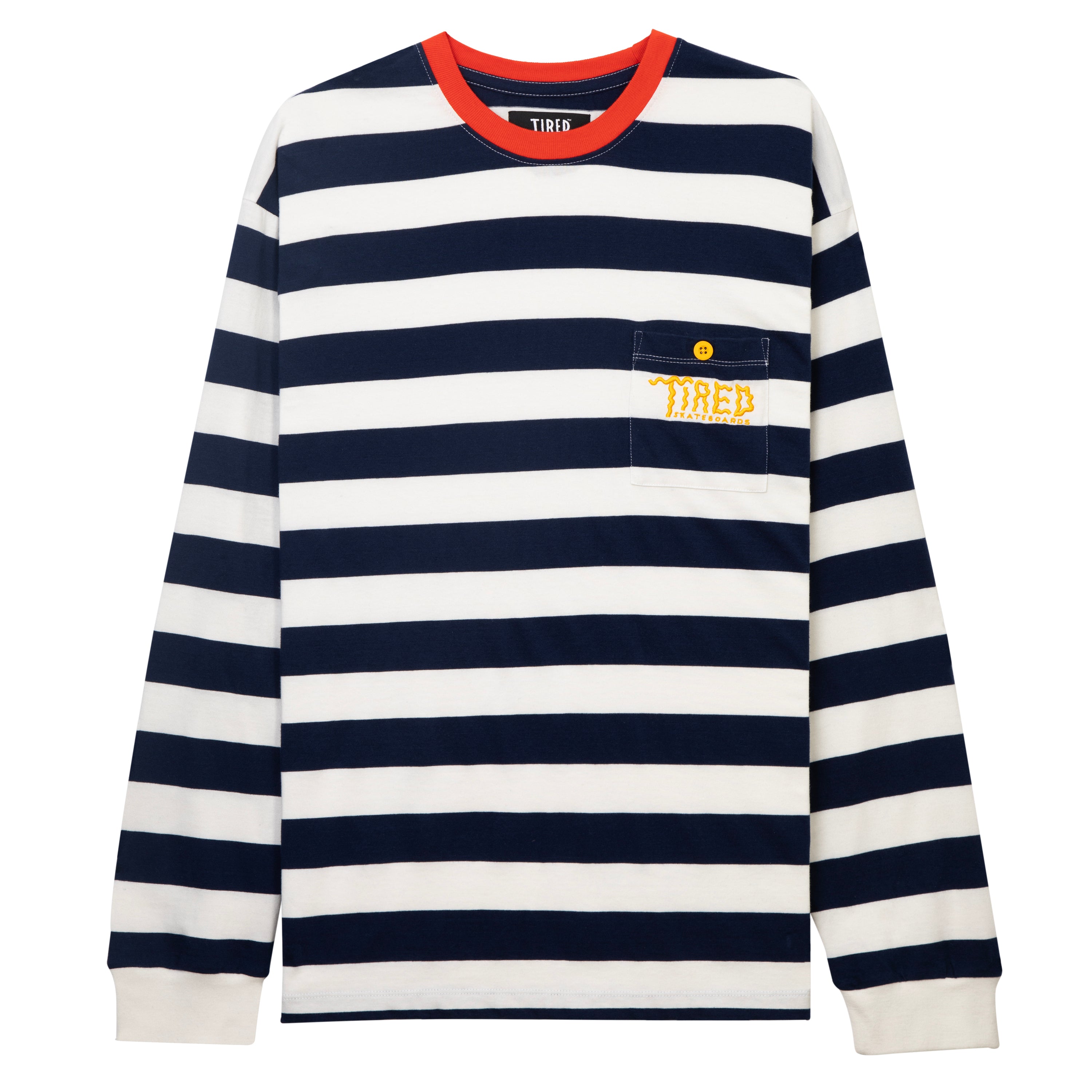 Tired Skateboards Squiggly Logo Striped Pocket LS - Red / Navy