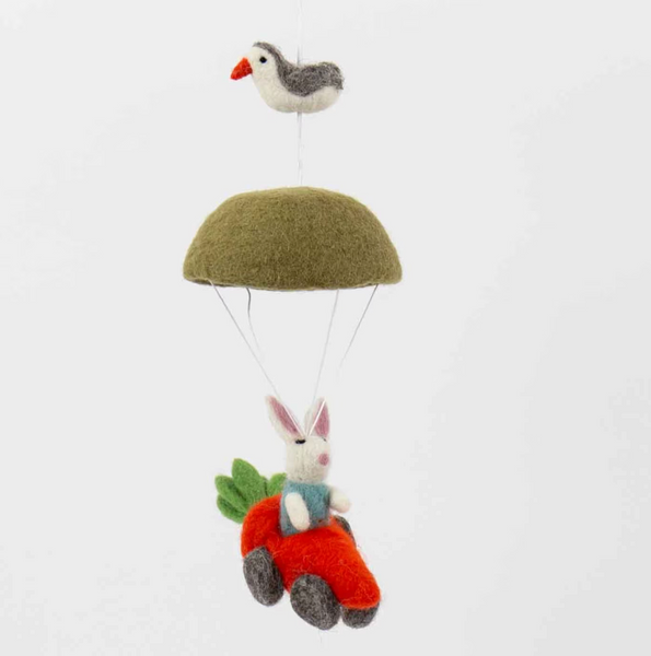Afroart Mobile, Rabbit With Parachute, Handmade In Wool, 28cm