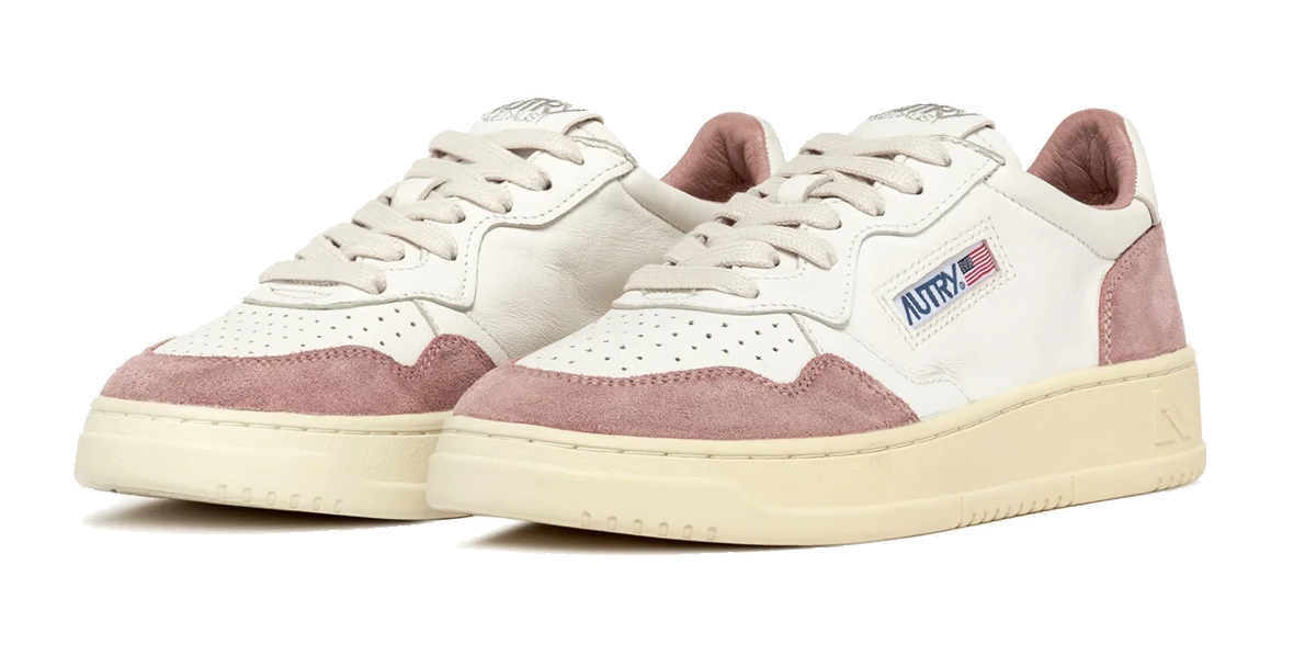 Autry Autry Medalist Low Leather Sneaker White, Goatskin & Pink Suede