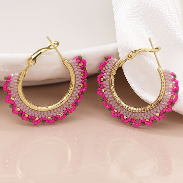 POM Boutique Pom - Bright Pink Mix Beaded Fan Hoop Earrings