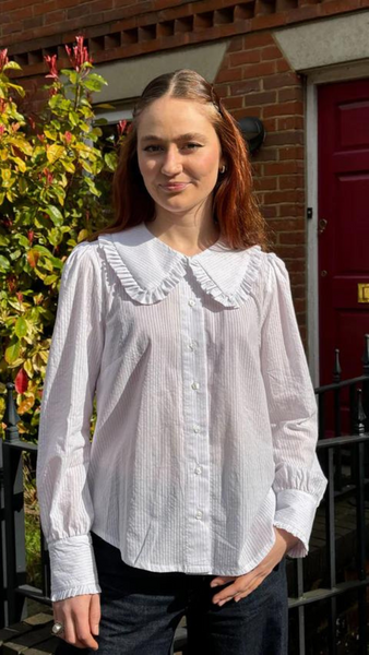 The Well Worn Luna Frill Collar Blouse In White Lilac Stripe By