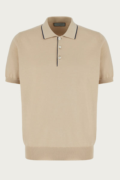 Canali - Beige And Navy Knitted Shaved Cotton Polo Shirt C0997-mk01148-708