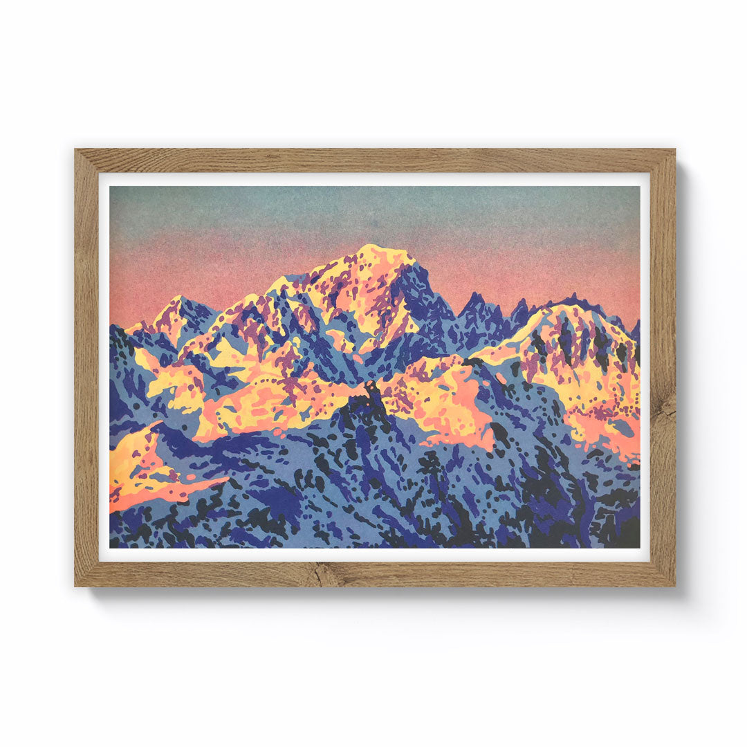 Allie Oldfield Sunset Over Mont Blanc A4 Framed Riso Print