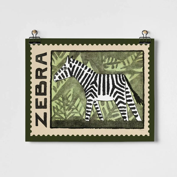 Roomytown Zebra Vintage Postage Stamp Art Print