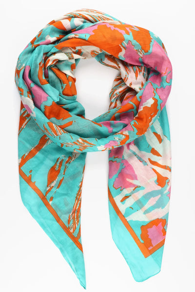 Miss Shorthair Ltd Miss Shorthair 3145tuo Abstract Leaf And Layered Animal Print Cotton Scarf In Turquoise