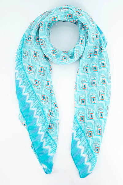 Miss Shorthair Ltd Miss Shorthair 2128a Retro Fan Print Scarf With Zig Zag Border In Aqua