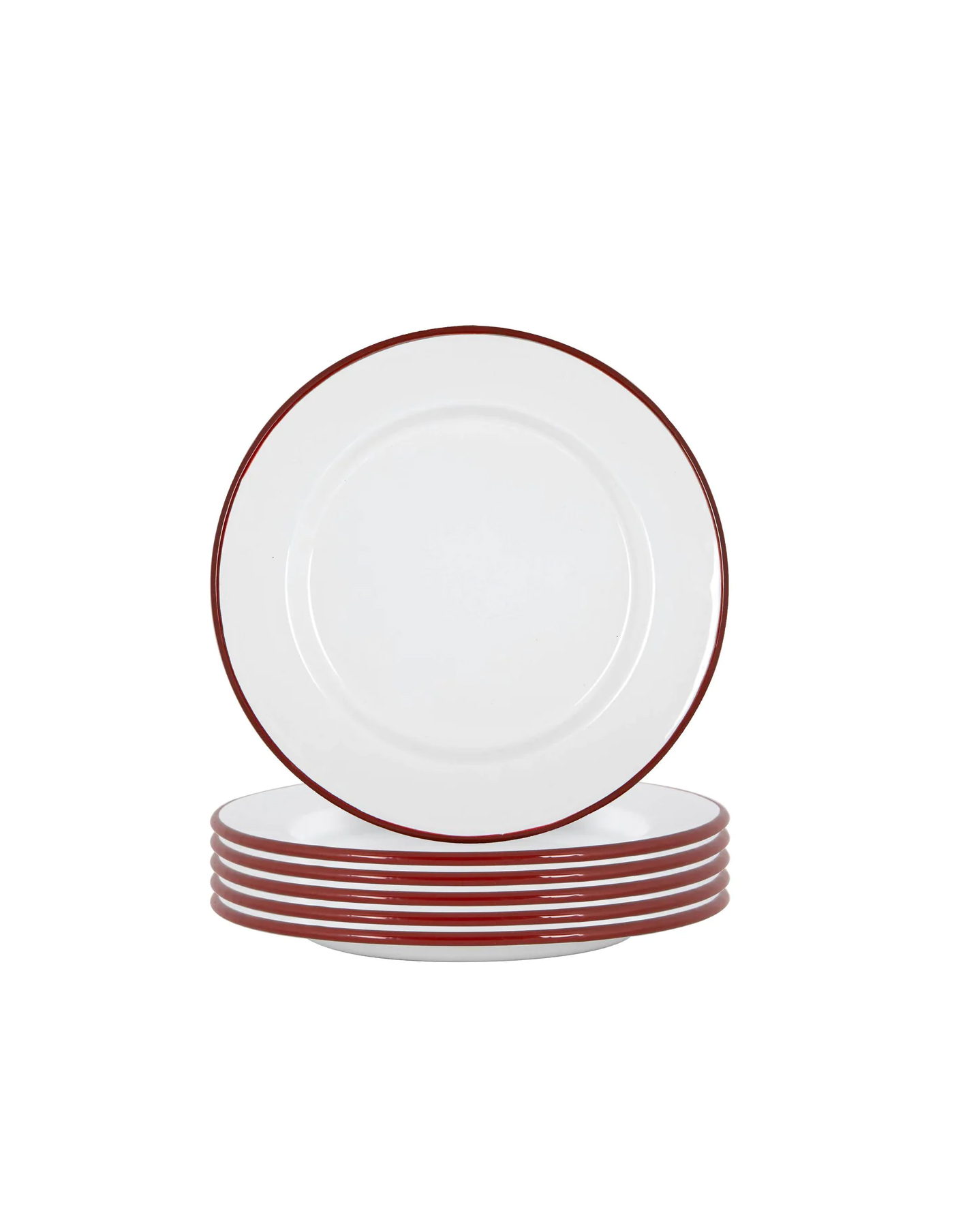 Set of 6 Burgundy Red Rimmed Enamel Dinner Plates, 25cm