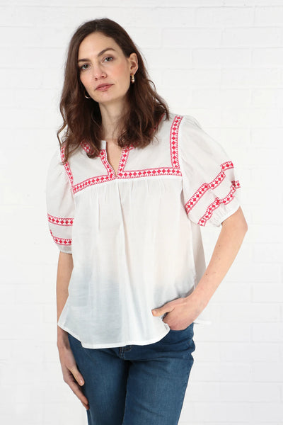 Indi+Will Short Sleeve Cotton Blouse With Red Embroidery In White