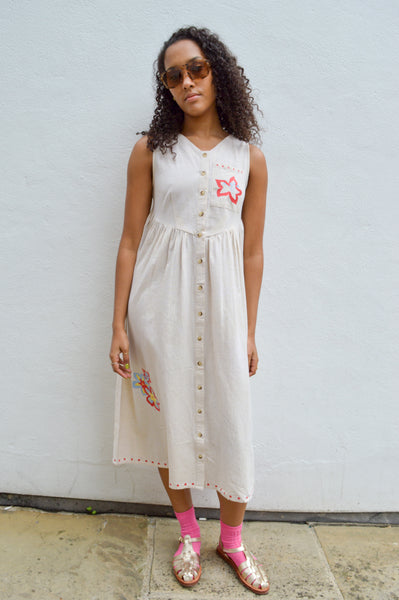 Native Youth Floral Embroidery Cream Dress