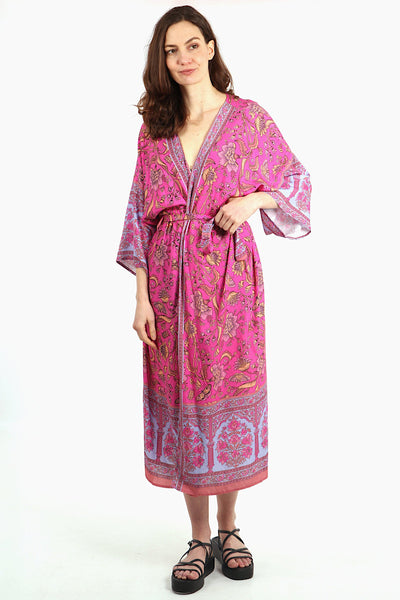 Miss Shorthair Pink Vintage Floral & Butterfly Long Kimono