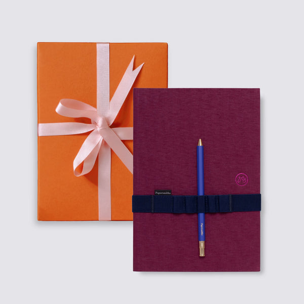 Papersmiths Mulberry Red Notebook, Band & Primo Pen Trio - Ballpoint