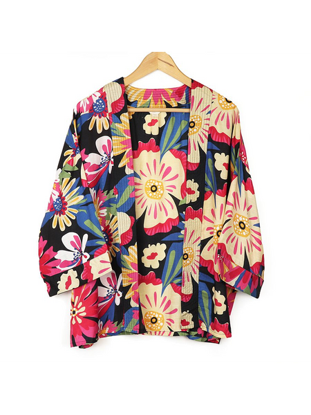 POM Large Hibiscus Flower Print Kimono - Coral/Blue Mix