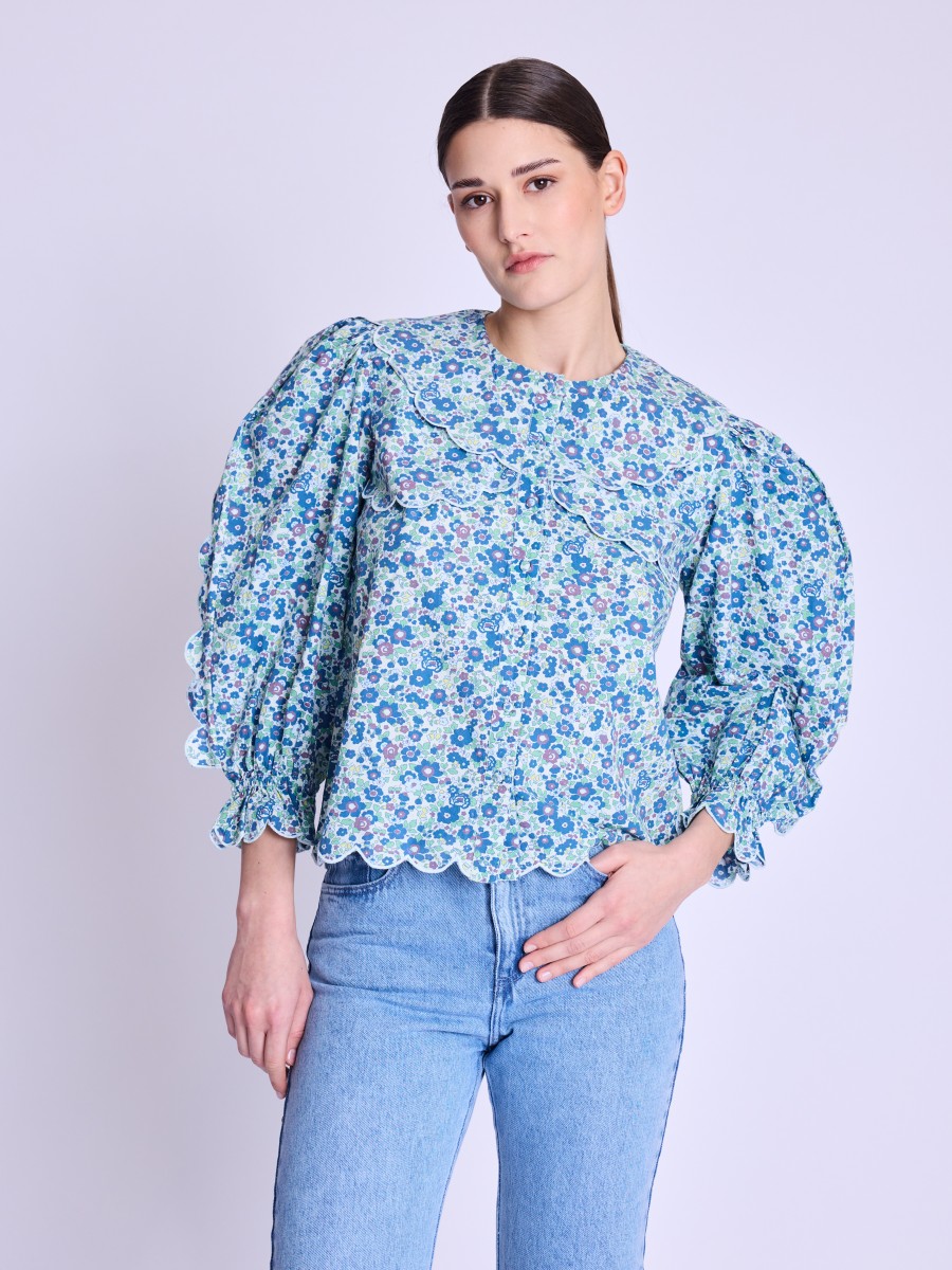Berenice Volant Manche Blouse In Blue Liberty Print