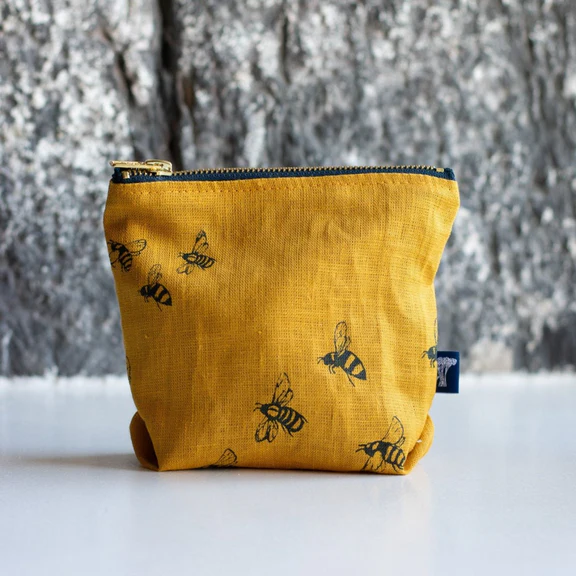Helen Round Linen Make Up Bag - Mustard Bee Design