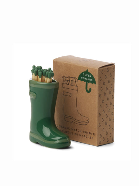 Paddywax Wellington Boot Matches Holder With 25 Matches - Dark & Light Green
