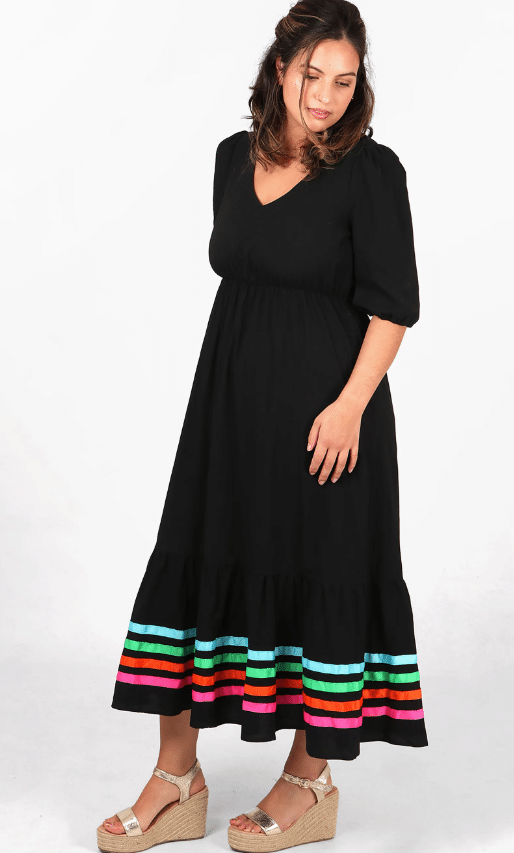 MSH Msh V-neck Puff Sleeve Tiered Ribbon Stripe Cotton Maxi Dress In Black