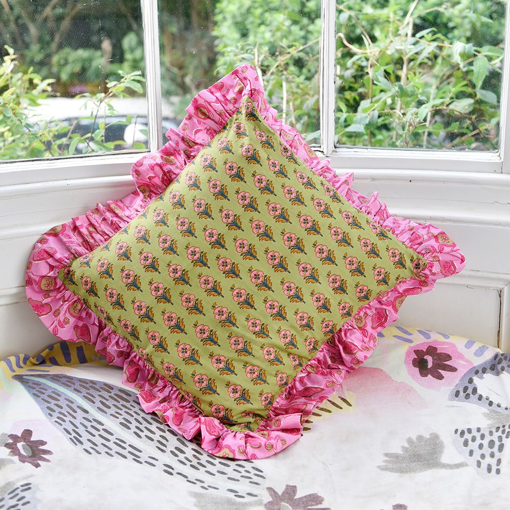 Powell Craft Block Printed Green & Pink Floral Indian Cushion