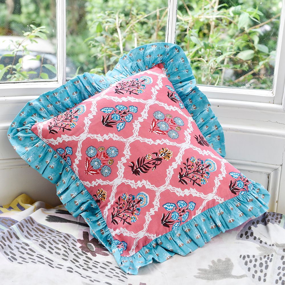 Powell Craft Block Printed Pink & Blue Floral Indian Cushion