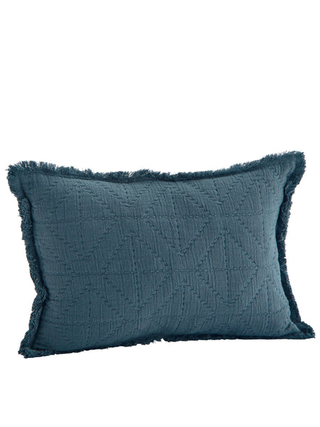 Madam Stoltz Embroidered Geometric Cushion with Fringe - Dusty Blue