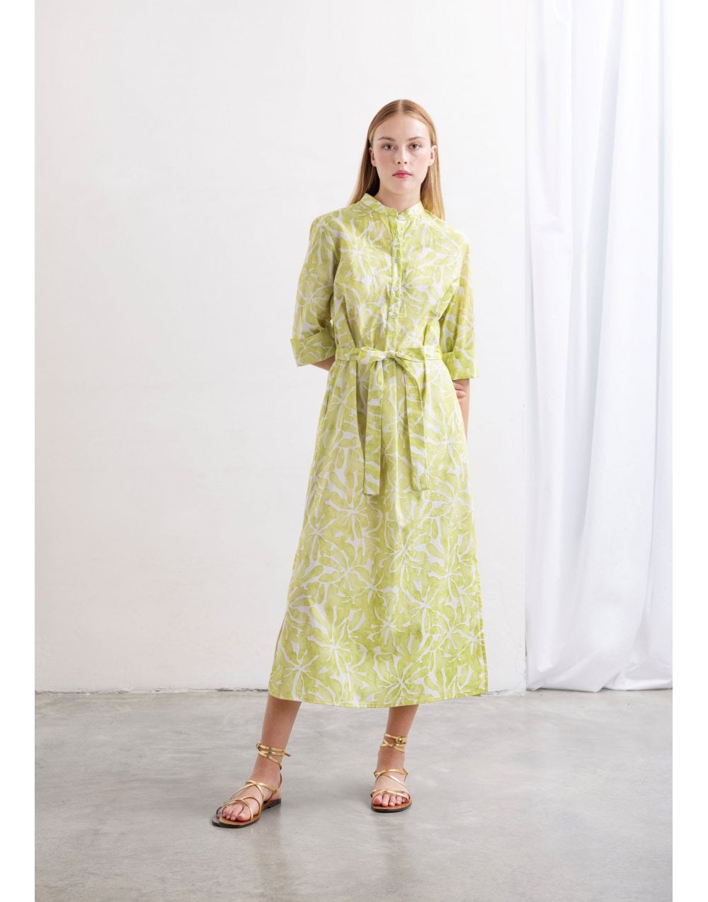 Whyci Milano Floral Print Button Up Tie Waist Dress 2034 Lime