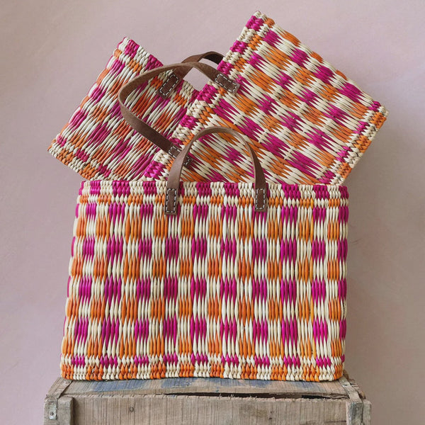 Bohemia Chequered Reed Baskets, Pink And Orange