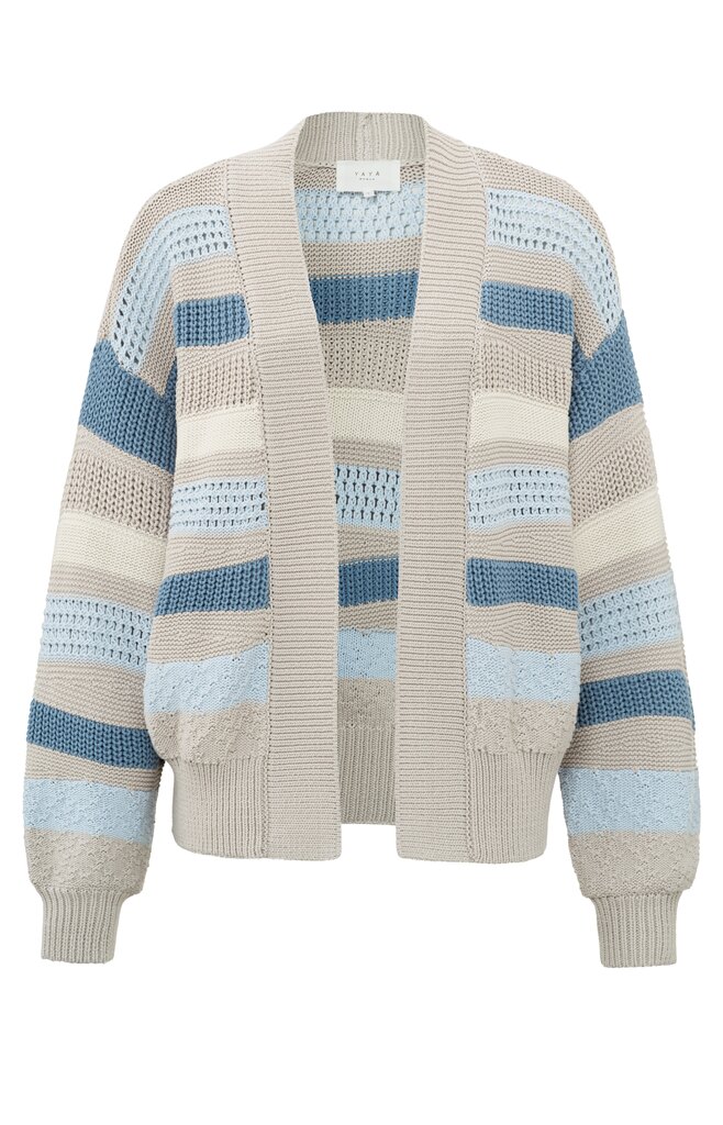 Yaya Textured Cardigan With Knitted Stripes | Wind Chime Beige Dessin