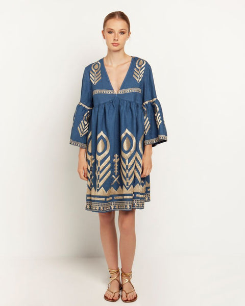 Greek Archaic Short Feather Dress With Bell Sleeve In Indigo And Gold