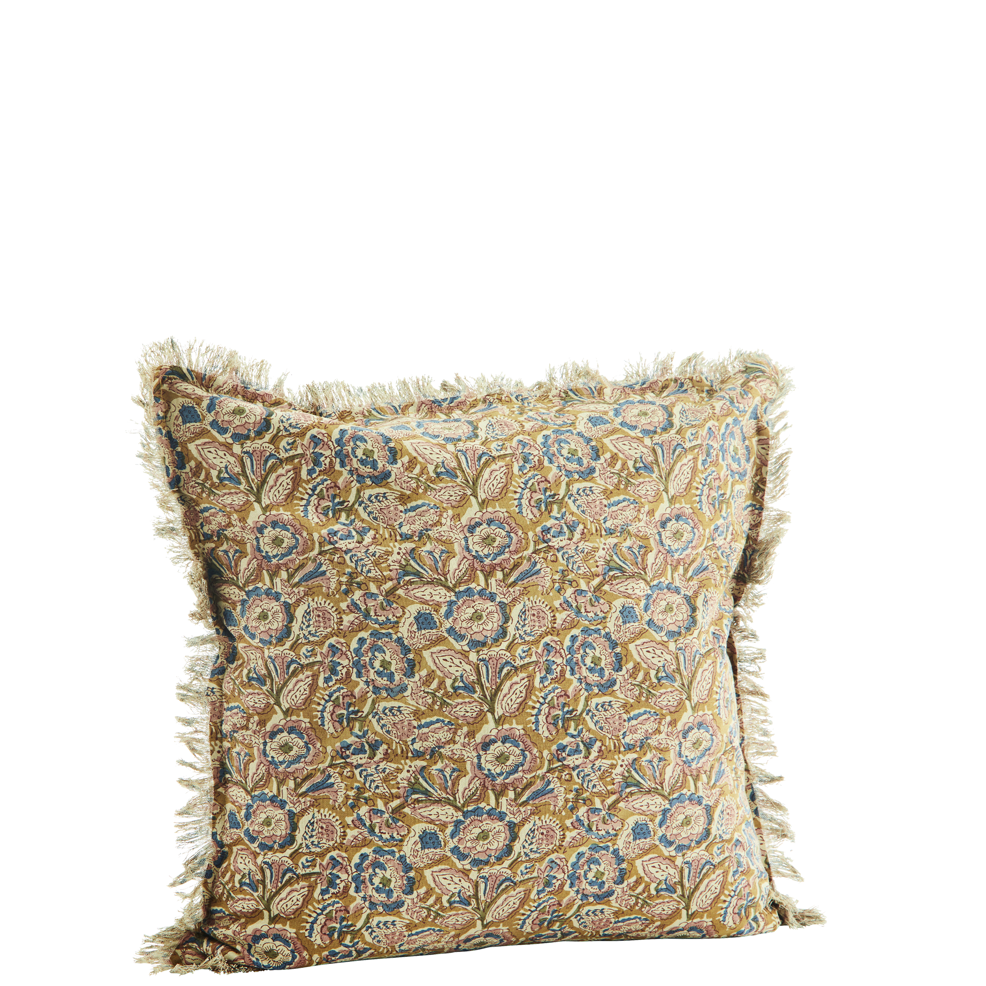 Madam Stoltz Honey and Blue Printed Cotton Cushion with Fringes